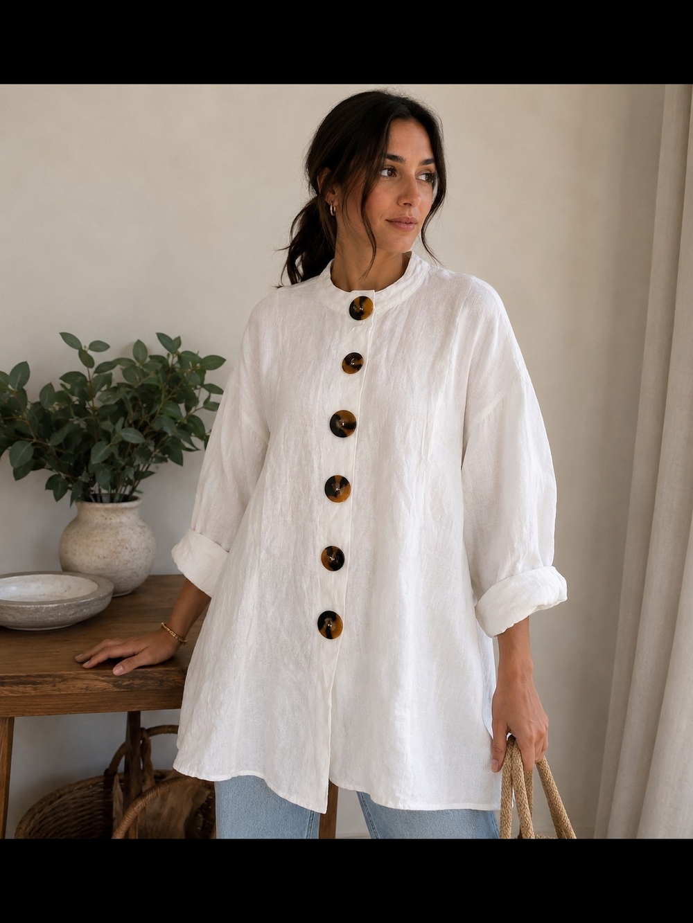Zara White Linen Tunic with Tortoiseshell Buttons
